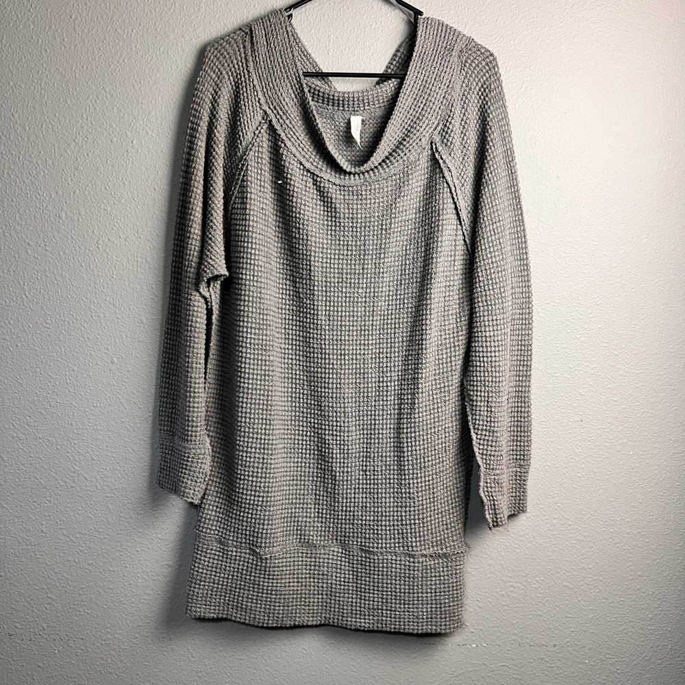 L Love Med Gray Waffle Knit Cowl Neck Tunic Sweater Monochrome Cozy Oversized